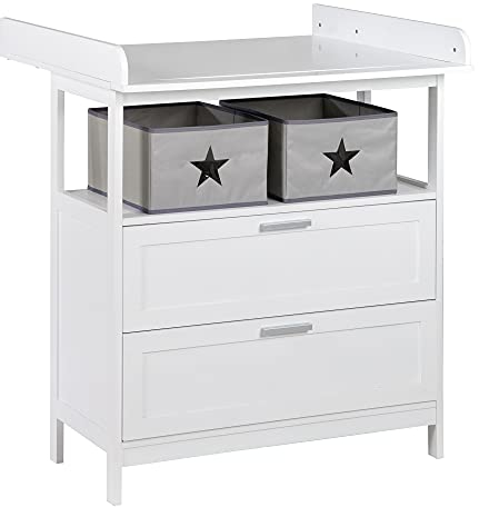 roba Wickelkommode Hamburg mit abnehmbarem Aufsatz - Wickeltisch mit 2 Schubladen + 2 Boxen + Wandbefestigung - Babykommode mit Wickelhöhe 92 cm - Holz weiß