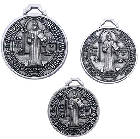 Eurofusioni San Benedetto Medaglia Votiva - Set 3 medaglie placcate Argento - Diametri 3-3,5-4 cm
