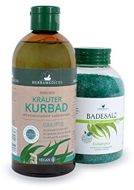 Kräuter Bad und Badesalz Eukalyptus Set Badezusatz mit ätherischen Ölen Herbamedicus Herbal Bath 1 x 500ml und 1 x 575g