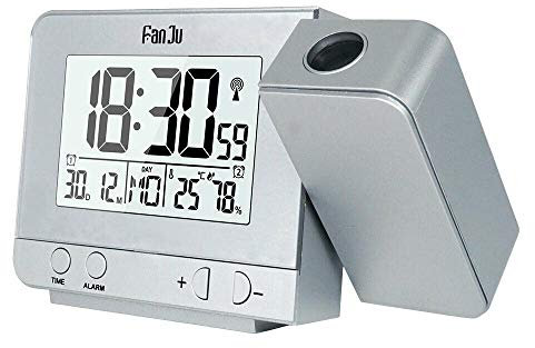 Horloge de projection de voiture, écran LCD Riloer, angle d'affichage numérique réglable, de projection multifonction multi-langues/thermomètre/hygromètre intérieur et extérieur, argent