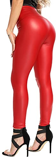 RIOJOY Leggings de Piel de Imitación para Mujer PU Cuero Cintura Alta Push Up Skinny Elásticos Pantalones, Rojo XL