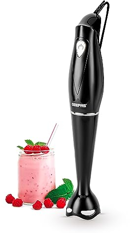 Geepas 200W Hand Blender | Food Collection Immersion Hand Blender | Ideal for Smoothies, Shakes, Baby Food, Soup, Grinding Ingredients, Vegetables & Fruits - 2 Year Warranty (200W - Black)