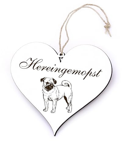 Dekoschild Herz „Hereingemopst“ mit Mops Motiv - Holzschild zum Aufhängen, lustige Türdekoration für Hundeliebhaber