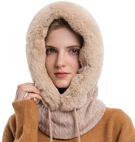 WANYIG 2 in 1 Wintermütze Strickmütze Warme Mütze Kreis Schal Set Balaclava Winter Stricken Mütze mit Fleecefutter für Damen Winddichte Mütze Kälteschutz Skimütze 56-60CM (Beige)