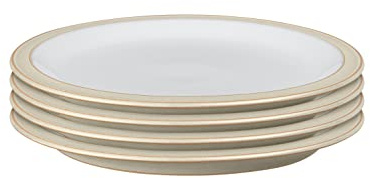Denby - Lot de 4 assiettes moyennes en lin blanc crème - Passe au lave-vaisselle et au micro-ondes - Assiettes en céramique - Tons naturels - Pour le déjeuner et le dîner