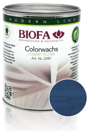 BIOFA Colorwachs lösemittelfrei farbig natürliche Holz-Wachs-Lasur mit Carnaubawachs für Holzdecken, Möbel, Spielzeug Enzianblau 1L
