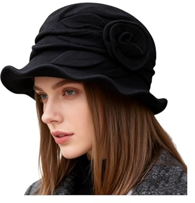 SIQITECH Wintermütze Damen Wollmütze mit Blume Eimer Hut Elastisch Fedora Hut Vintage Klassisch Fischermütze Warm Winterhut Winddicht Damenmütze Elegant Fischerhut für Outdoor Reisen Freizeit