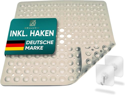 Delluxia Duschmatte rutschfest 53x53 cm, INKL. 2 Haken | Antirutschmatte Dusche Badematte schimmelresistent & maschinenwaschbar | Duscheinlage rutschfest, BPA frei & latexfrei | Beige