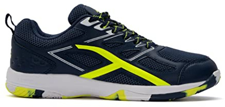 HUNDRED Xoom Scarpe da Badminton Professionali Antitraccia da Uomo | Materiale: ecopelle | Adatto per tennis indoor, squash, ping pong, basket e padel (Navy/Lime, Taglia: EU 43, UK 9, US 10)
