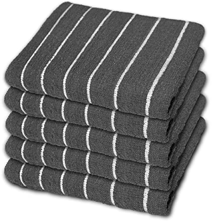 SPINGTON Luxury Stripe Designed Tea Towels for Kitchen - Large Size 60 x 40 cm - 100% Cotton, Super Absorbent and Durable - Quick Drying Hotel Quality Towels (Dark Grey, 5 Pack)
