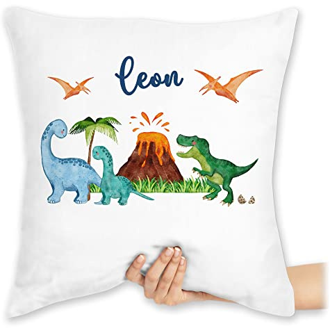 Kissen 40x40 Zierkissen - Geschenk Dinosaurier personalisiert mit Name I Dino I Dinos - 40 x 40 cm - Weiß - kuschelkissen Tier trex sitzkissen Tieren Kita saurier t rex Dinosaur Tiere