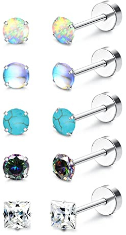 MILACOLATO 5Pairs Titanium Stud Earrings for Sensitive Ears G23 Hypoallergenic Flatback Earrings with Heart Opal Pearl Turquoise and CZ Designs 20G Star Moon Cartilage Piercing Jewellrey for Women Men