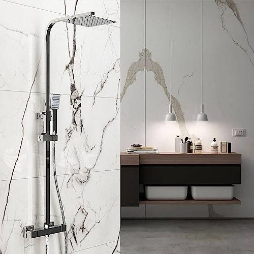 OCEAN ITALY Colonna Doccia con Rubinetto Termostatico e Soffione Quadrato, Set Doccia con Doccino a Mano Quadrato, Saliscendi Doccia in Acciaio Inox con Finitura Cromata