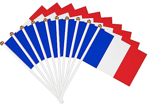 Kleine französische Flagge, 20 Stück, Mini-Flaggen, französische Flaggen, mit Pfosten, robust, hochwertig, für Weltmeisterschaft, Dekoration, Nationalfeiern, 14 x 21 cm