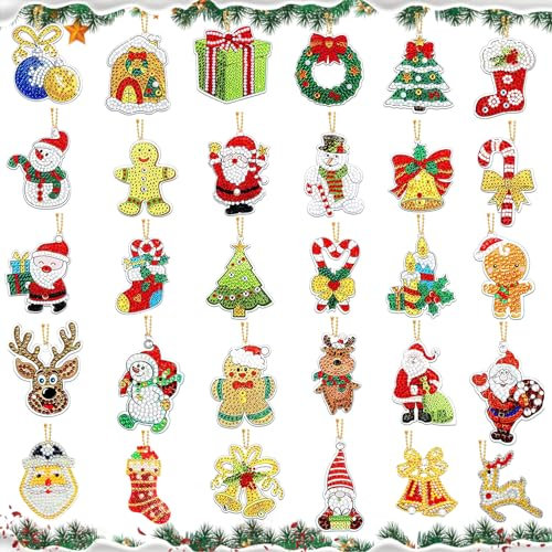 VEGCOO 30 Stück Diamant DIY Painting Schlüsselanhänger Weihnachten,Weihnachts Diamant Schlüsselanhänger, DIY 5D Diamond Keychain Santa Claus mit hängender Dekoration Kindergeschenk (Rot)