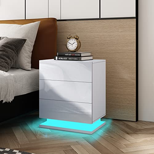 Senvoziii Bedside Table High Gloss 3 Drawers Modern Bedside Cabinet Nightstand with LED Lights for Bedroom Living Room 50 x 35 x 60cm (White)