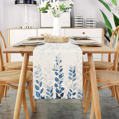 Tischläufer Modern Wohnzimmer Tischläufer Blau Tischläufer Beige Tischläufer Floral Blatt Muster Leinen Abstrakt Faltenfrei Rutschfest Tischband Deko Tischwäsche Esstisch Hochzeit 33x183 CM