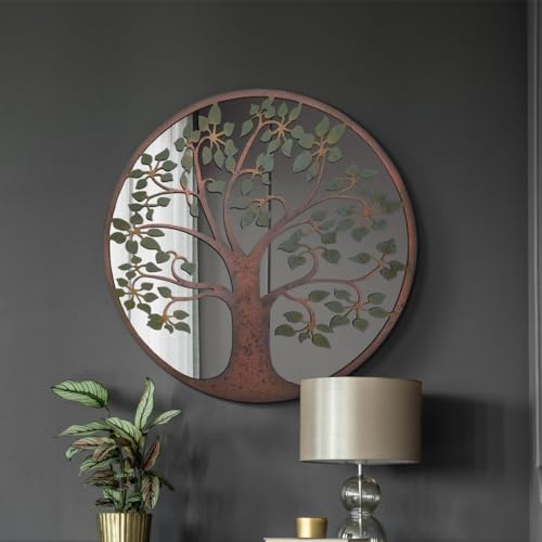 MirrorOutlet The Kirkby - Rustic Metal Framed Round Colour Tree of Life Decorative Wall Mirror 24 X 24 (60CM X 60CM) Glass Mirror with Black All weather Backing.