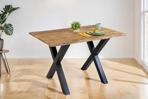 SAM Esstisch Tiger 140x80 cm Mangoholz Natur Vintage Baumkante X schwarz | Baumkantentisch massiv, naturfarben, Metallgestell, Esszimmertisch