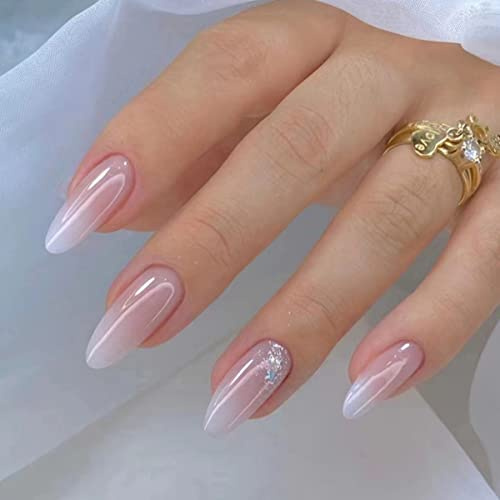 JUSTOTRY 24 Stück Glitzer Mandel Nägel Zum Aufkleben Kurz,Milchig Press on Nails Einfarbig Design,Oval Kunstnägel Fake Nails Mittel,French Pink Fingernägel Künstliche Nägel für Frauen