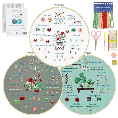 ZUYIST 3 Stück Sticken Set Erwachsene, Embroidery Kit Blumenmuster Pflanzen Stickset für Anfänger mit Stickrahmen, Schere, Stickrahmen Anleitung Werkzeuge, Sticknadeln Kreuzstich Set (Feel Good Times)