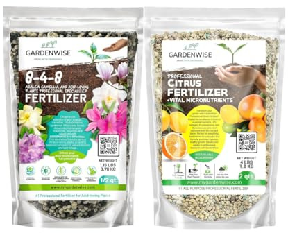 GARDENWISE 8-4-8 Acidic Fertilizer for Azaleas & Professional Citrus + Vital Micronutrients Bundle - Balanced NPK for All Citrus Indoor and Outdoor Plants & Flowers (1/2 & 2 Quart)