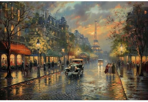 Kunstwerk „Paris im Regen“, 24 originale Stadtlandschafts-Ölgemälde, handgemalt von Hochschullehrern, Thomas Eiffelturm-Wanddekoration im Kinkade-Stil, Paris-Leinwandkunst, Stadtmalerei des 19. J...