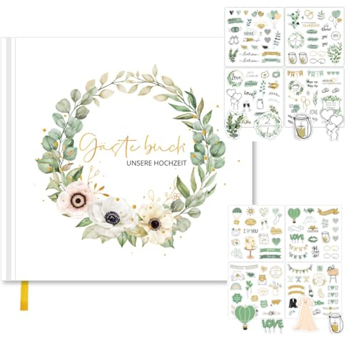 NUWIQ Libro degli ospiti per matrimonio, con adesivo gratuito, 120 pagine, album degli ospiti del matrimonio, per ricordi, 21 x 21 cm, eucalipto vintage Wedding Guestbook, finitura in lamina d'oro