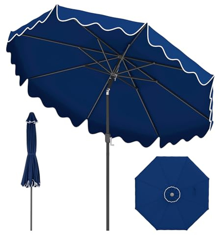 COSTWAY Sonnenschirm 270 cm, Gartenschirm mit Kurbel und Volant, beidseitig um 30° knickbar, Terrassenschirm mit 8 Rippen, Marktschirm für Garten, Balkon, Terrasse (Marineblau)