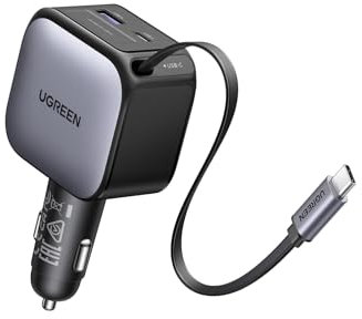 UGREEN Nexode 60W 3-Port Zigarettenanzünder USB-C Ausziehbares Auto Ladegerät 30W integriertes USB C Kabel Auto zubehör KfZ 12V Adapter für iPhone 17/16/15, iPad, Galaxy S25/24, GPS und mehr