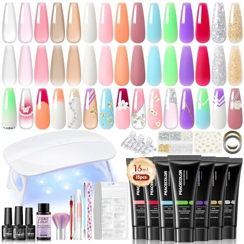 Peacecolor Kit de Extensión de Uñas 33PCS, 15 Colores 16ML Poly Uñas Gel, Base & Top & Matte Coat con UV Lámpara Kit de Gel, Kit Manicura Semipermanente Completo Set Para Principiante