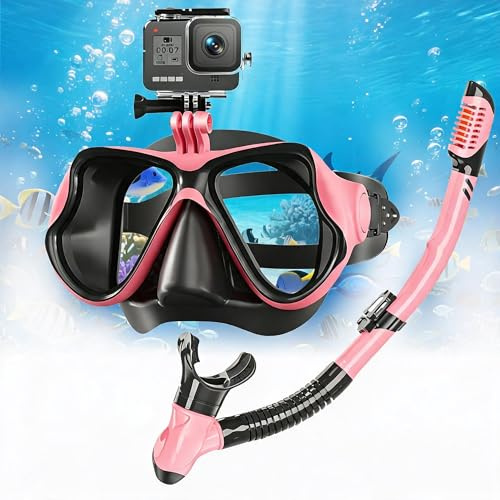 Shyllin Gafas Buceo y Tubo de Snorkel Set, Máscara de Buceo con Esnórquel Adultos, Gafas Snorkeling Panorámicas Máscara de Snorkel Antivaho Antifugas Cristal Templado con Soporte Cámara (Rosa)