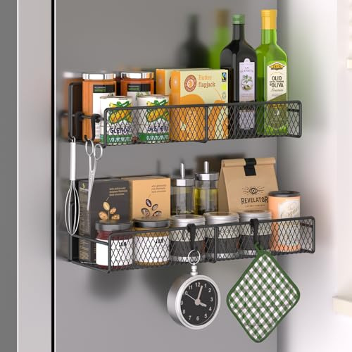 Magnetic Spice Rack for Refrigerator, 2 Pack 100% Metal Strong Magnet Shelf, Space Saving Spice Organizer W/ Hooks, Movable Magnetic Fridge Shelf, Kitchen Home Laundry Room Storage Organization, Black