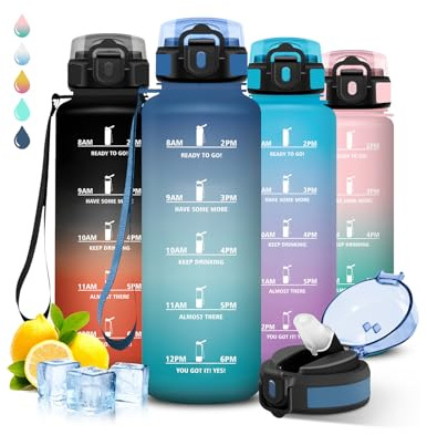 Grsta Gourde- 1,5l- Bouteille Sport, Anti Fuite, Gourde Graduée pour 1 Journee, Facile à Nettoyer, Adulte avec Marqueur de Temps, Bouteille Horaire pour Aptitude, Camping, Randonnée