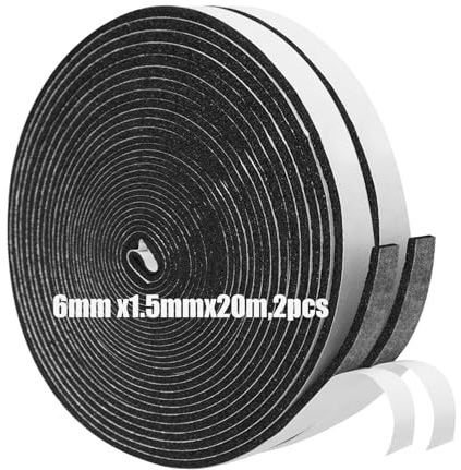 Bande adhésive en mousse isolante, 6 mm (L) x 1,5 mm (E) x 20 m (P) - 2 pièces, joint d’étanchéité pour portes et fenêtres, joint insonorisant pour porte, joint coupe-froid, refroidissement, joint d