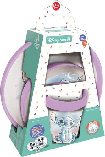 Gift Set 3 pièces antidérapant Bicolor Stitch Set pour enfants avec soucoupe, cuillère et tasse Base antidérapante, silicone alimentaire, design Disney Idéal pour sevrage, premiers