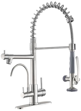 Fapully 3 in 1 Kitchen Faucet with Water Filler and Pull Down Sprayer,Brushed Nickel Commercial Kitchen Sink Faucet with Drinking Water Faucet