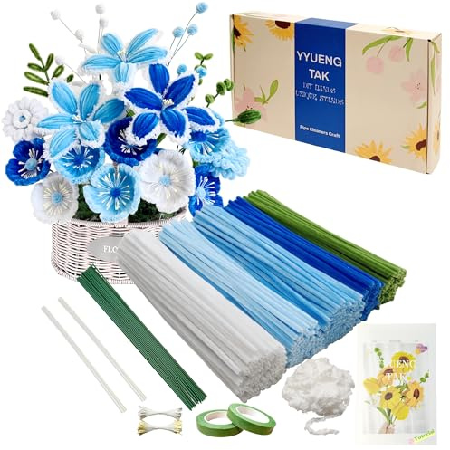 YYUENG TAK 350 delar Blå Piprensare Blommor Set (5 Färger), Inkl. Instruktioner, 2 Chenille Garn, 20 Blomma Tråd, 100 Ståndare & 2 Teflon Tape för Blomsterpyssel & DIY