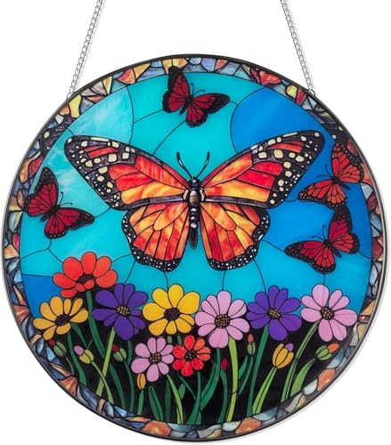 FZkuozougedd Buntglas Sonnenfänger - Bunte Schmetterling Blumen Glaspaneel Fenster Hängeschmuck Regenbogenmacher Innen- Und Außendekoration Heimgarten Deko Kettenanhänger Geschenk Für Mutter Vater Gel