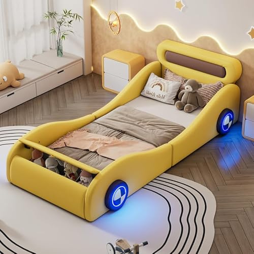 Solisburne Kinderbett 90×200, Autobett mit Gepolstertes Kopfteil und Stauraum Polsterbett mit LED, Einzelbett mit Rausfallschutz und Lattenrost Jugendbett Bettgestell, Ohne Matratze (Gelb, PU, 90×200)