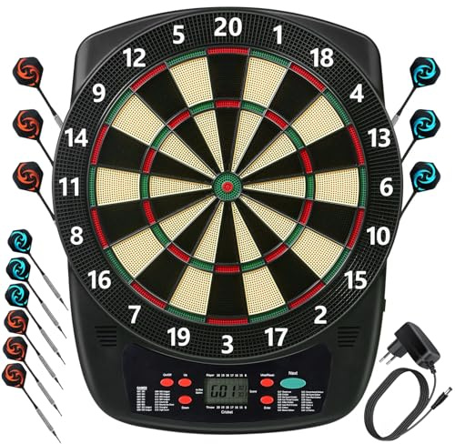 Elektronische Dartscheibe Profi Set 32 Spiele&590 Varianten mit Soundeffekte LCD-Bildschirm, 6 Darts 50 Dartköpfe Netzadapter, E-Darts Dartautomat für Hause Partys Garten Bar 1-8 Spieler