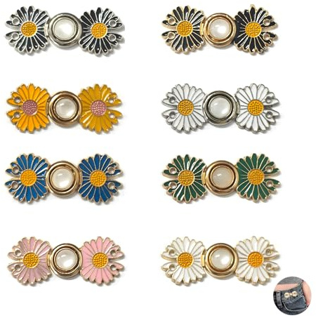 8Pcs Waist Tightener Clips, Pant Waist Tightener No Sewing Gap Clips Detachable Jeans Pins Adjustable Buckle Daisy Flowers Jeans Buttons for Dresses Sleeves Too Big Loose Pant Skirt Trouser