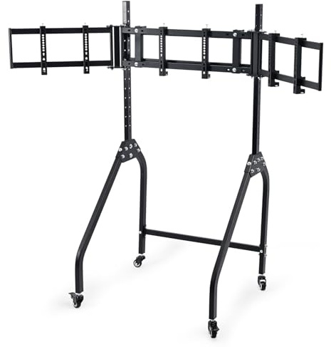 Dardoo Triple Monitor Stand with Brake Casters –Premium Adjustable Mount for Racing Simulator Cockpit, Ergonomic Height/Tilt Adjustment for 27 to 32 inch Monitors, Gaming Workstation Setup
