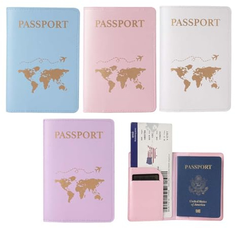 JUGUTA 4 Piezas Porta Pasaporte, Fundas De Cuero PU para Documentos De Viaje, Tarjetas De Crédito, 4 Colores (Azul, Púrpura, Rosa Claro, Blanco), Tamaño Estándar