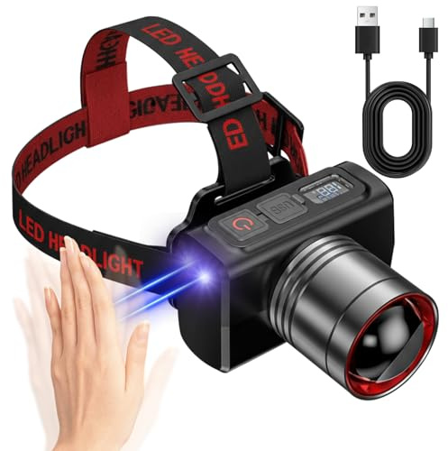 MiracDan Stirnlampe Led Wiederaufladbar,Stirnlampe 12000 lumen,Gestensteuerung,6 Leuchtmodi90°verstellbar,Zoom-Funktion,Extrem Helle Kopflampe LED,IPX4 wasserdicht für Camping und Angeln