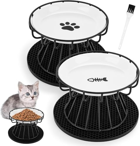 TEGOVE Keramik Katzennapf Erhöht 2 Stück,15 cm Breite,Erhöhter Katzennapf aus Keramik,mit Napfunterlage Silikon Und Metallständer Und Bürste,Nackenschutz-Katzennapf,Cat Bowls for Food,Water（Schwarz）