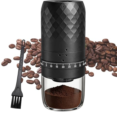 Elektrische Kaffeemühle für Espresso, Pour Over, USB Wiederaufladbar | Tragbare Kaffeemühle mit Reinigungsbürste, 40 Stufiger Mahlgrad-Einstellung Kegelmahlwerk für Camping, Reise, Büro