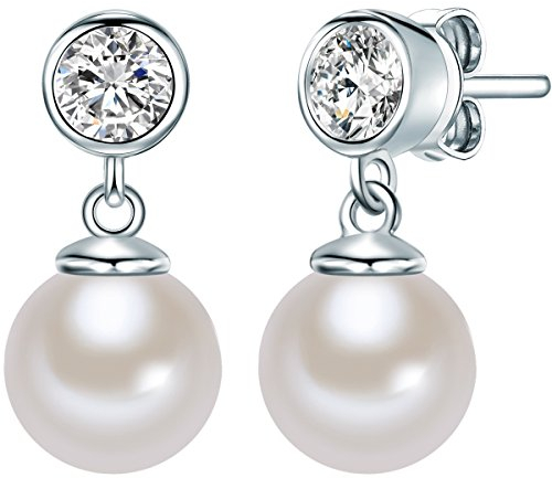 Rafaela Donata Damen-Ohrstecker 925/- Sterling Silber Zirkonia und Muschelkernperle 8 mm Weiß Rund - Perlenohrschmuck Perlenohrhänger Silberohrstecker