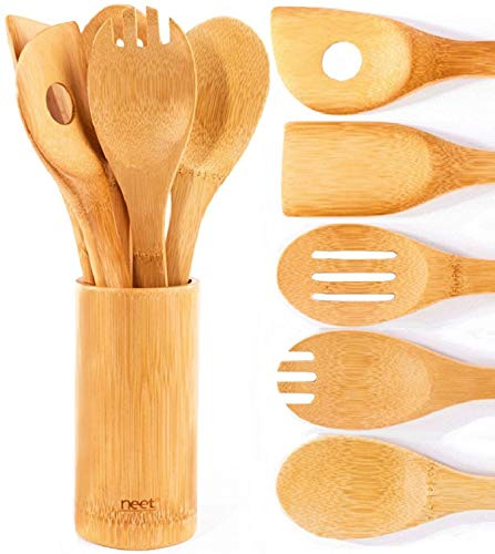Bio-Bambus-Koch- und Servierutensilien-Set von Neet – 6-teiliges Set | Löffel & Spachtel Mix | Utensilienhalter Organizer | Antihaft-Küchenhelfer | tolles Geschenk für Köche & Feinschmecker