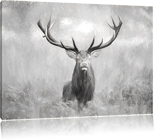 Pixxprint Großer Hirsch im Feld Kunst Kohle Effekt, Größe: 100x70cm, Leinwandbild, fertig gespannt, Wandbild, Dekoration, Kunstdruck, kein Poster